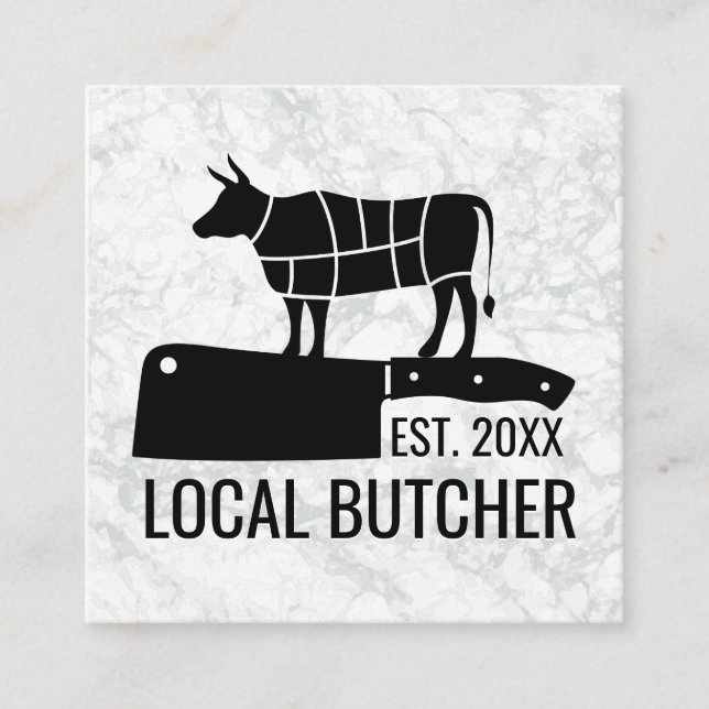 Carte De Visite Carré Couteau boucher | Graphique de la coupe de viande (Devant)