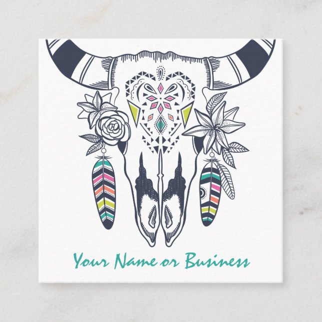 Carte De Visite Carré Crâne de vache Boho avec turquoise Bohemian (Devant)