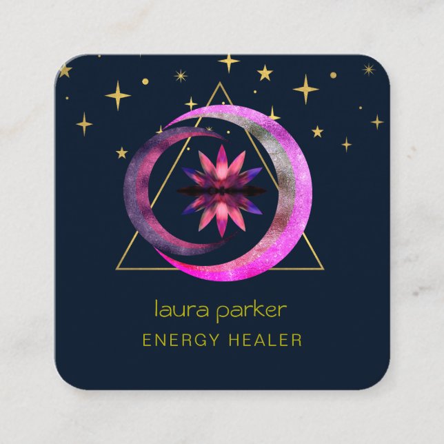 Carte De Visite Carré Crescent Moon Mystic Lotus Flower Healing Energy (Devant)