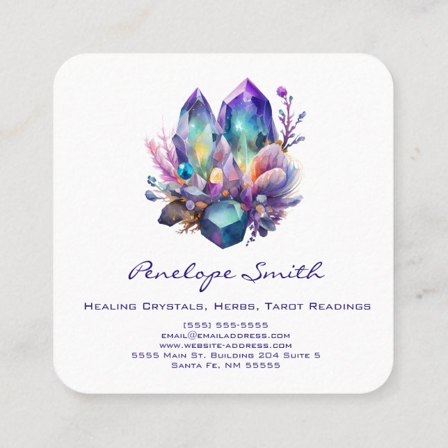 Carte De Visite Carré Cristaux et fleurs d'aquarelle (Dos)
