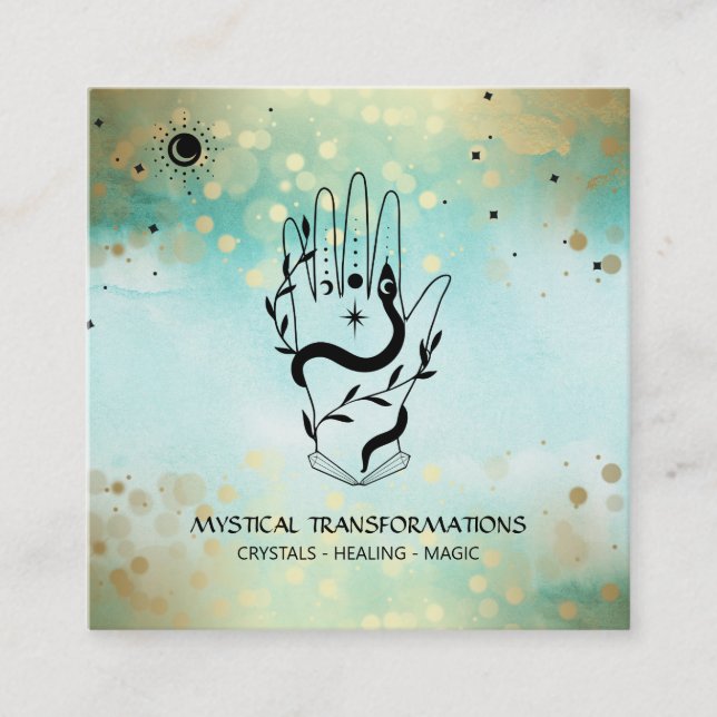 Carte De Visite Carré *~* Crystals Hand Snake Moon Magic Boho Turquoise (Devant)