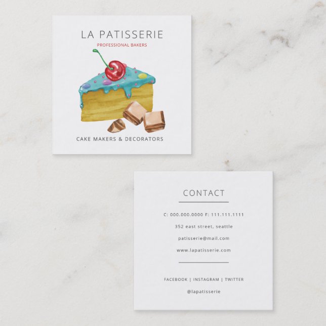 Carte De Visite Carré Cuisine moderne Bleu Cheesecake Boulangerie Chef p (Devant / Derrière)