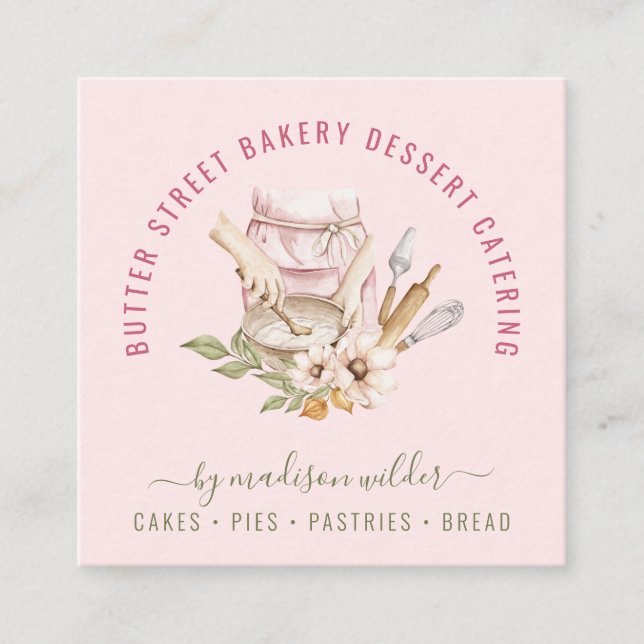 Carte De Visite Carré Cuisine pâtissière boulangère Aquarelle Cuisinière (Devant)