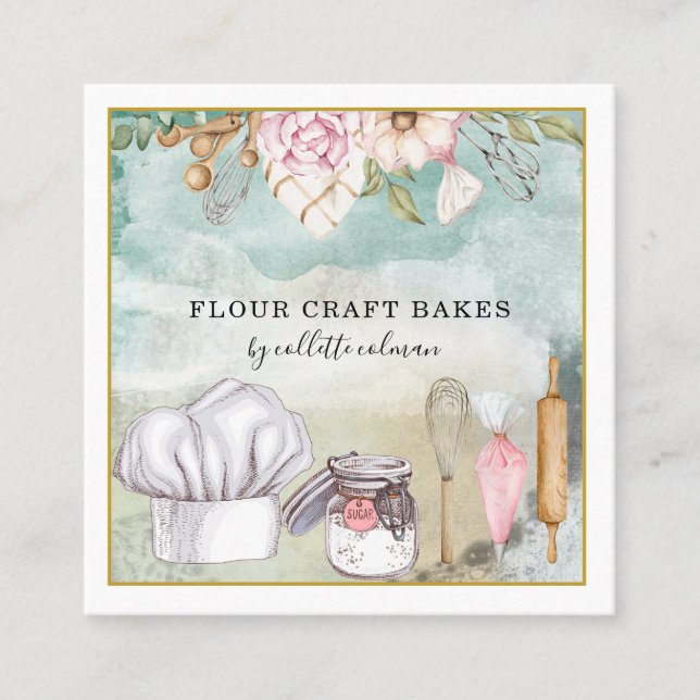 Carte De Visite Carré Cuisinier à l'aquarelle du chef boulanger Ustensil (Devant)
