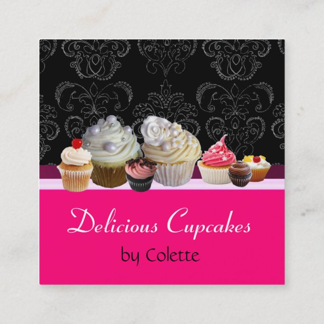Carte De Visite Carré CUPCAKES DÉLICIEUX, DÉSERTS, Damas noir rose chaud (Dos)