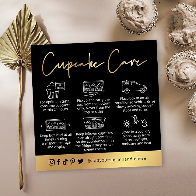 Carte De Visite Carré Cupcakes - Instructions de soins Logo Black & Gold (Créateur téléchargé)