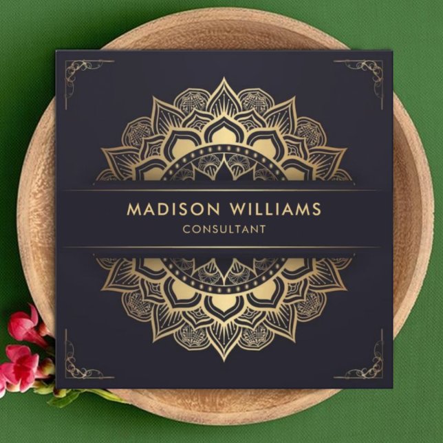Carte De Visite Carré Custom Dark Navy Blue Gold Mandala Professional (Custom Dark Navy Blue Gold Mandala Professional Square Business Card)