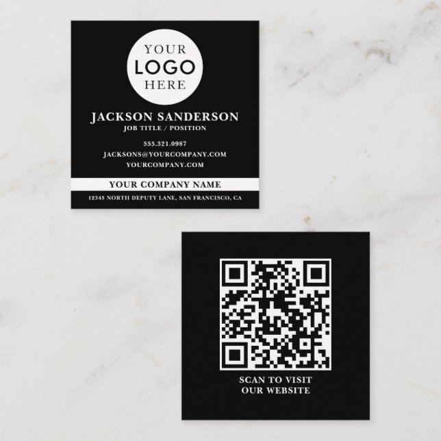 Carte De Visite Carré Customizable Logo Professional Black QR Code (Devant / Derrière)
