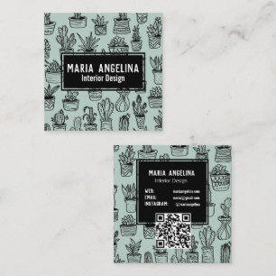 Carte De Visite Carré Cute Cactus Succulents Boho Doodle QR Code PERSONN
