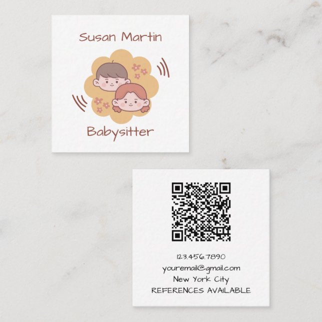 Carte De Visite Carré CUTE ENFANTS Babysitter QR Code bébé (Devant / Derrière)