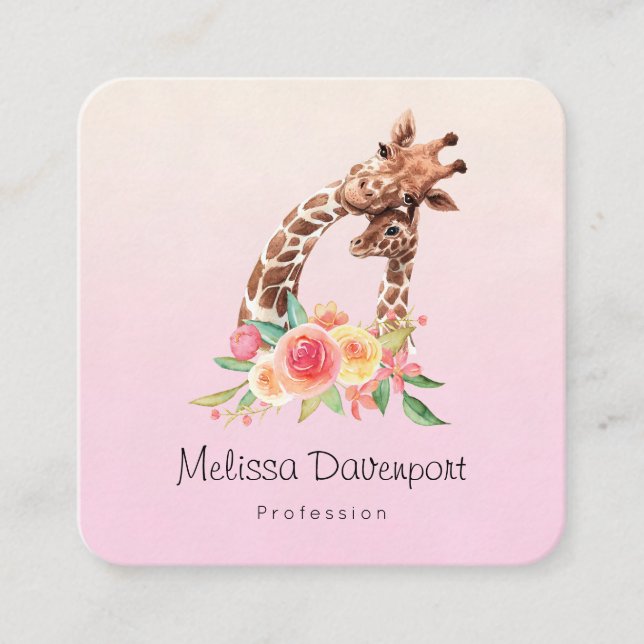 Carte De Visite Carré Cute Giraffe Aquarelle Maman & Bébé (Devant)