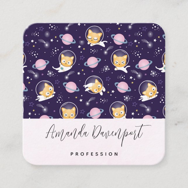 Carte De Visite Carré Cute Kitty Chat Astronauts Motif (Devant)