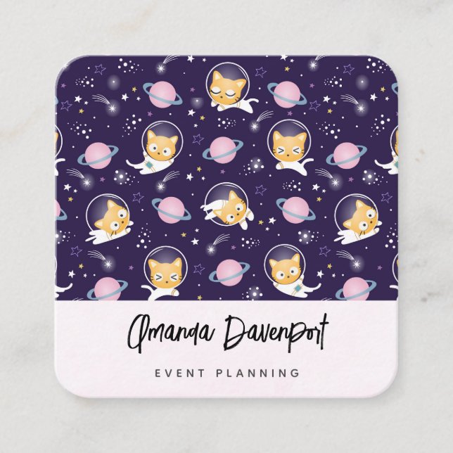 Carte De Visite Carré Cute Kitty Chat Astronauts Motif (Devant)