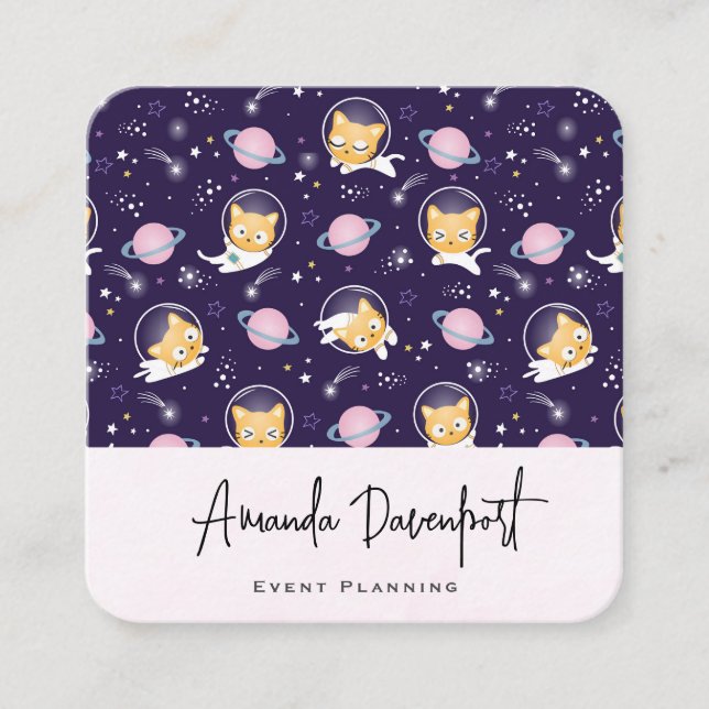 Carte De Visite Carré Cute Kitty Chat Astronauts Motif (Devant)