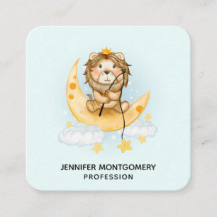 Carte De Visite Carré Cute Lion Pêche sur l'aquarelle de la lune
