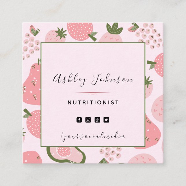 Carte De Visite Carré Cute rose Fruit Été Berry Motif Nutritionniste (Devant)
