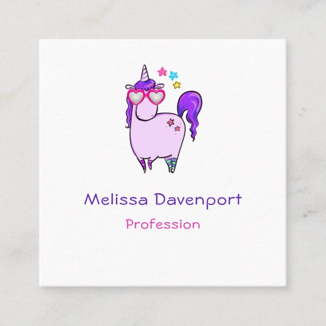 Carte De Visite Carré Cute Unicorne dans les lunettes en forme de coeur (Devant)