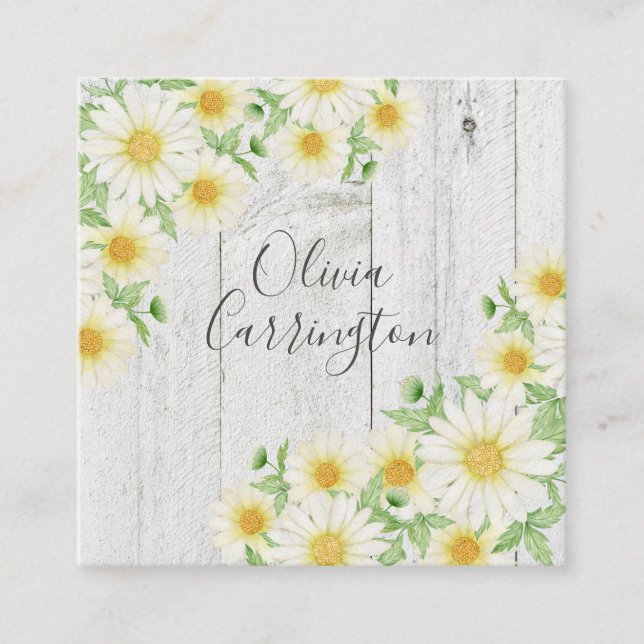 Carte De Visite Carré Daisies Faux Wood Nom personnalisé (Devant)