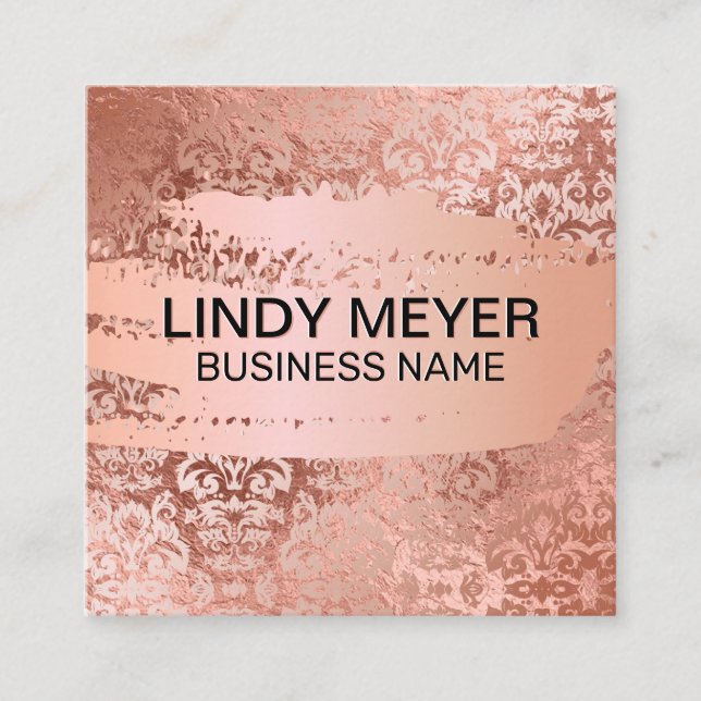 Carte De Visite Carré Damask Rose Gold Foil | Or Rose brossé (Devant)