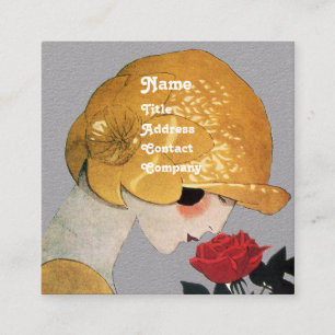 Carte De Visite Carré DAME AVEC ROSE ROUGE BEAUTÉ MODE COSTUME gris