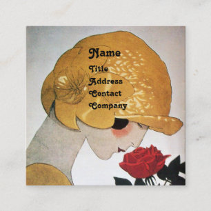 CARTE DE VISITE CARRÉ DAME AVEC ROSE ROUGE BEAUTY MODE COSTUME DESIGNER