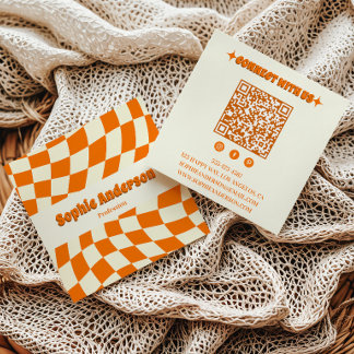 Carte De Visite Carré Damier ondulé orange rétro avec code QR