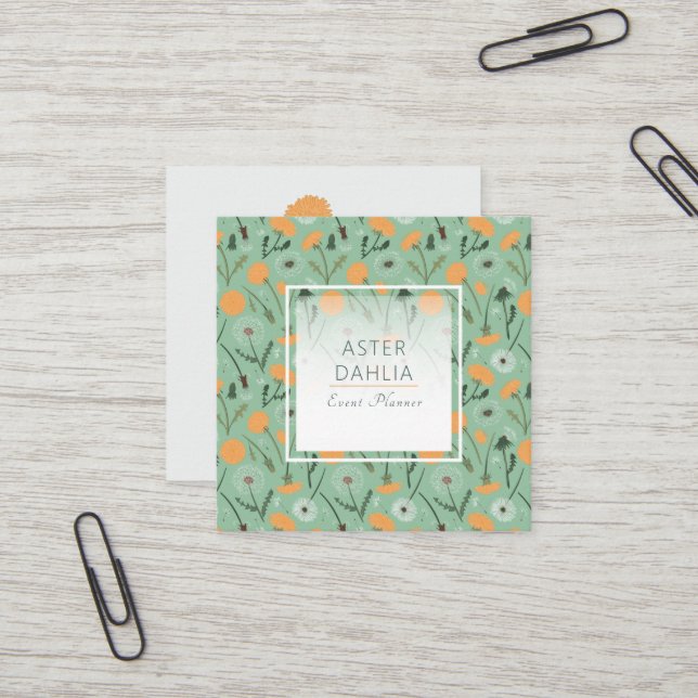 Carte De Visite Carré Dandelion Fleurs Orange Floral Modèle (Devant/Arrière en situation)