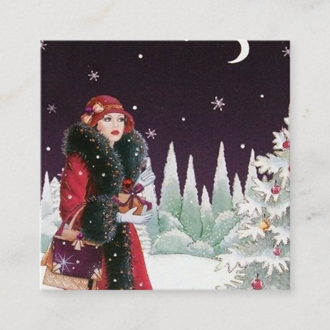 Carte De Visite Carré déco d'art demoiselle de Noël rétro (Devant)