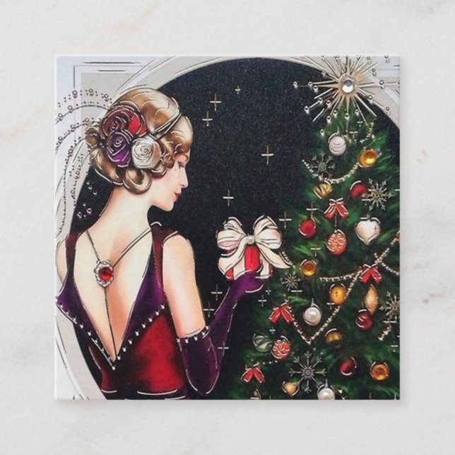 Carte De Visite Carré déco d'art demoiselle de Noël rétro (Devant)