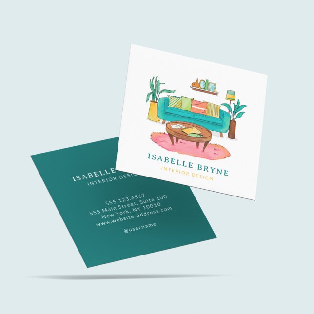 Carte De Visite Carré Décor intérieur Meubles d'aquarelle (Créateur téléchargé)