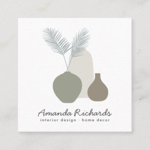 Carte De Visite Carré Décor poterie moderne plante boho vert doux pastel