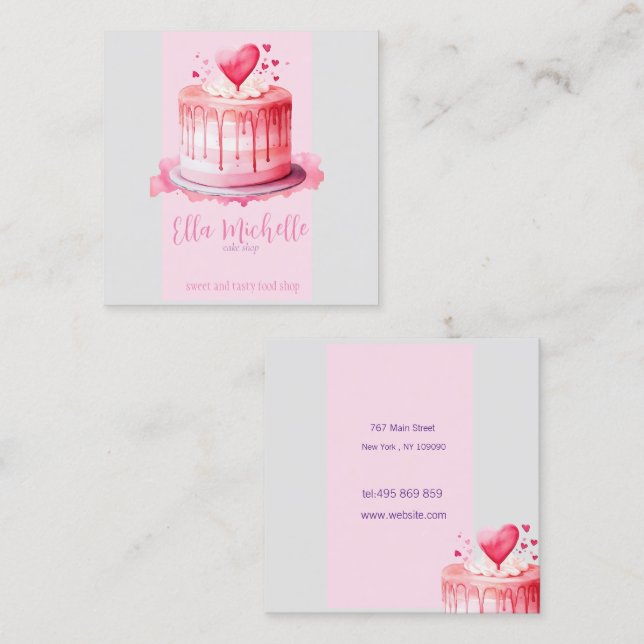 Carte De Visite Carré délicieux gâteau rose (Devant / Derrière)
