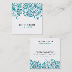 Carte De Visite Carré Dentelle florale bleu turquoise et blanc