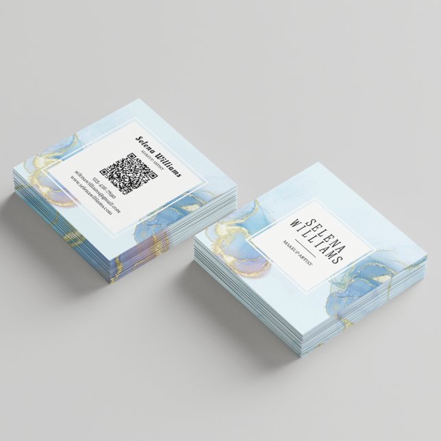 Carte De Visite Carré Design Carré Elégant bleu aquarelle avec code QR (Créateur téléchargé)