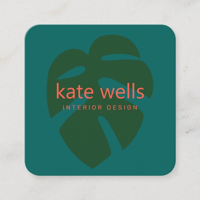 Carte De Visite Carré Design d'intérieur de logo Green Monstera Tropical (Devant)