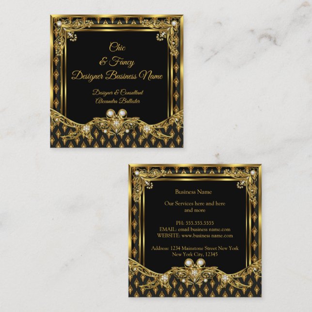 Carte De Visite Carré Design élégant Noir Or Damas Design élégant (Devant / Derrière)