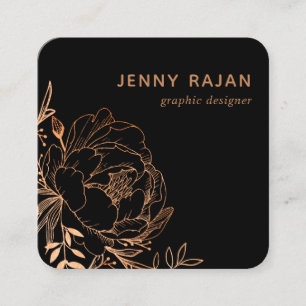 Carte De Visite Carré Design graphique de la ligne florale d'or noir mod