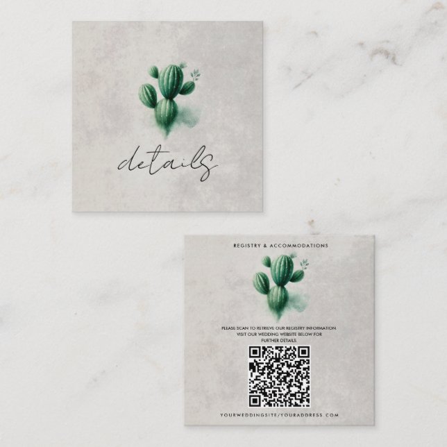Carte De Visite Carré Détails du Mariage de cactus vert aquarelle (Devant / Derrière)