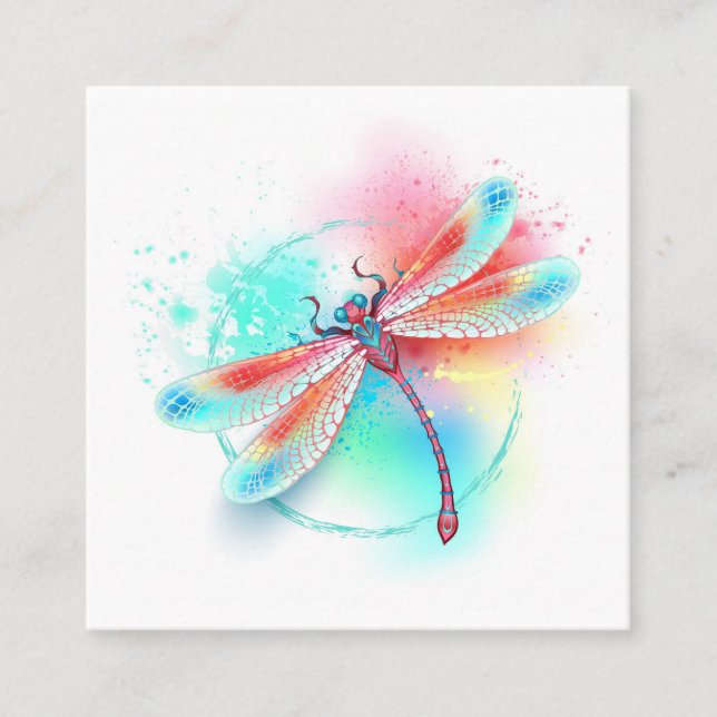 Carte De Visite Carré Dragonfly rouge sur l'arrière - plan aquarelle (Devant)