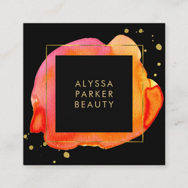Carte De Visite Carré Éclaboussure orange d'aquarelle sur le noir avec (Devant)