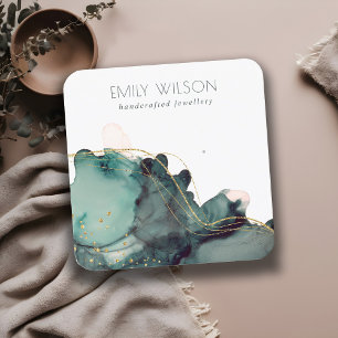 Carte De Visite Carré Écran d'oreille Abstrait en encre d'alcool or vert