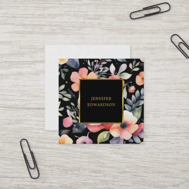 Carte De Visite Carré Elégant aquarelle fleurs boho professionnel (Devant/Arrière en situation)