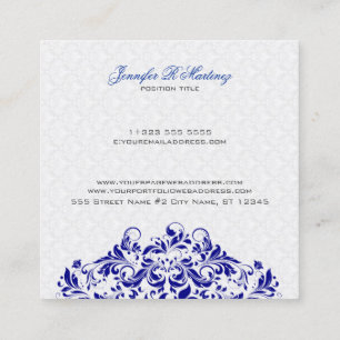 Carte De Visite Carré Elégant blanc & Royal Blue Damas & Swirls