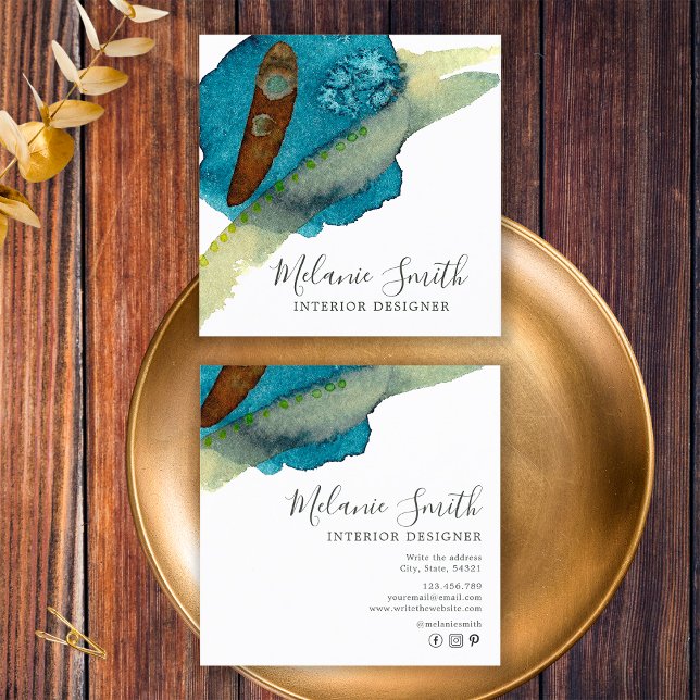 Carte De Visite Carré Elégant bleu Abstrait Aquarelle (Front and Back)