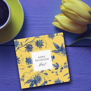 Carte De Visite Carré Elégant Bleu Fleurs Abstraites moutarde Jaune