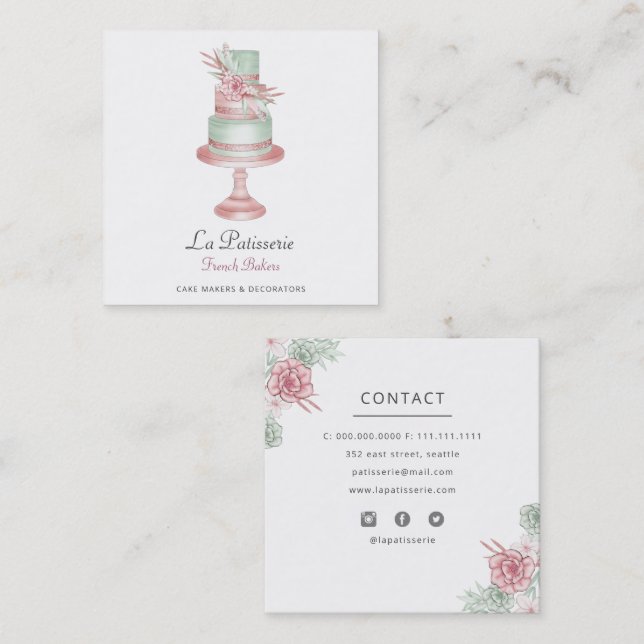 Carte De Visite Carré Élégant Blush Floral Mariage boulangerie boulanger (Devant / Derrière)