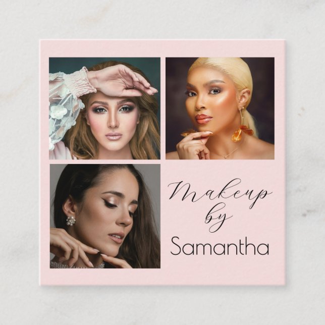 Carte De Visite Carré Elegant Blush Pink Black Script 3 Photo Makeup (Devant)