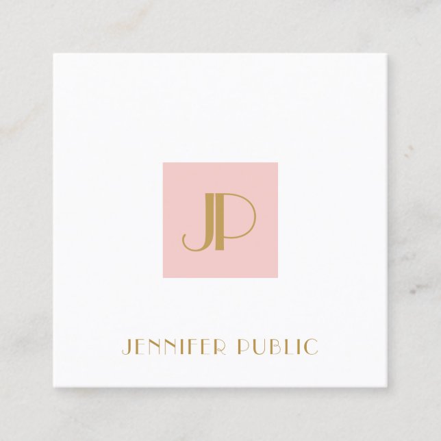 Carte De Visite Carré Élégant Blush Pink Gold Monogramme Modèle moderne (Devant)