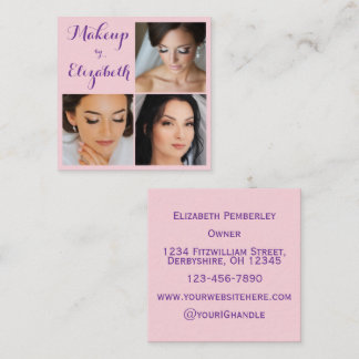 Carte De Visite Carré Elegant Blush Pink Purple Script 3 Photo Makeup