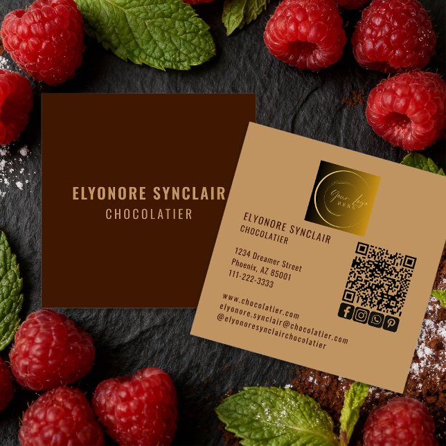 Carte De Visite Carré Elegant Brown Chocolatier Social Logo QR Code  (Créateur téléchargé)